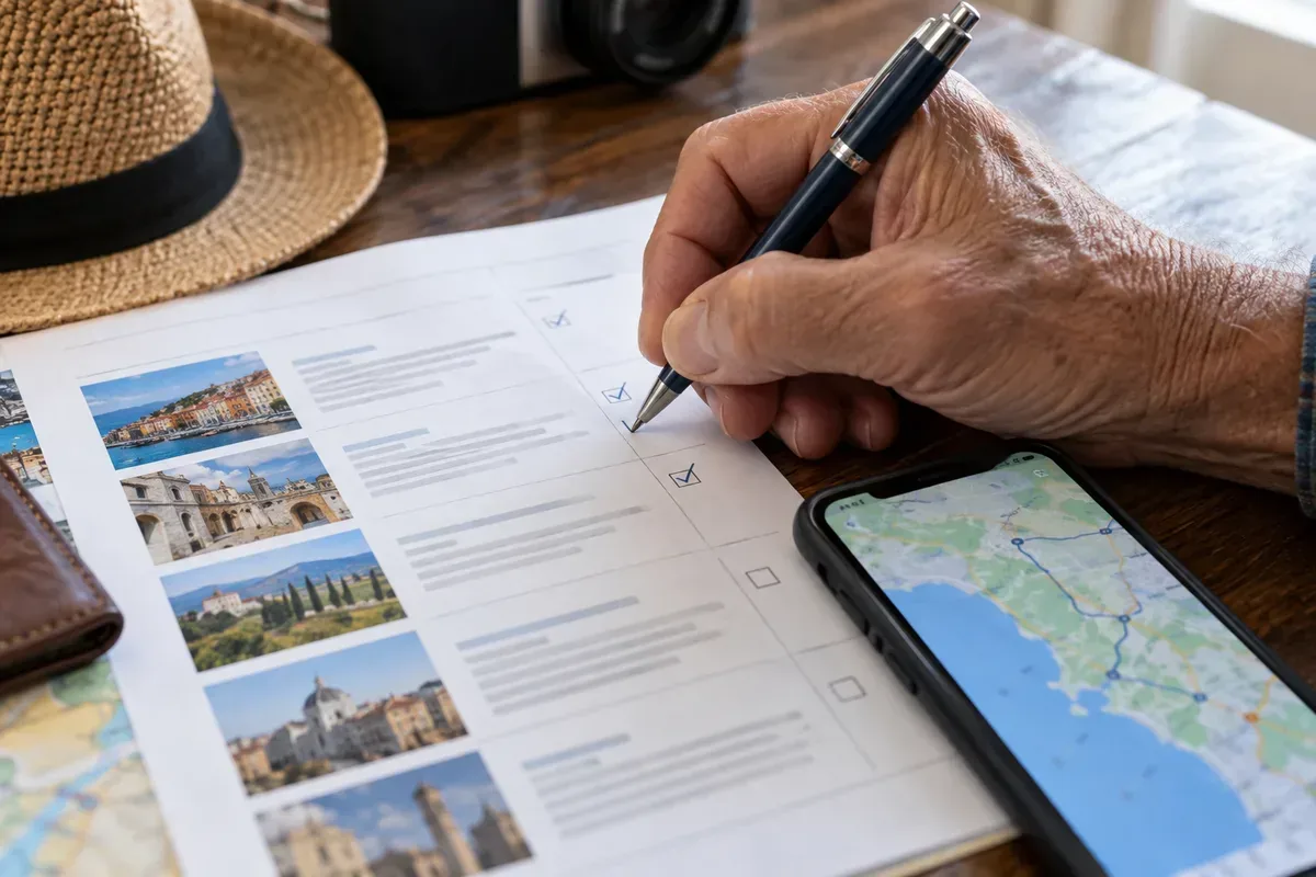 Close-up of a hand ticking lines on a printed day-by-day itinerary next to a phone showing a map