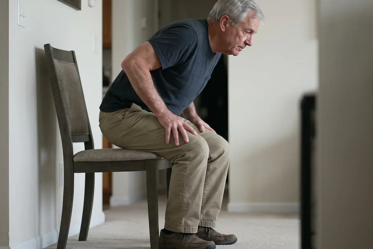 Close view of an older man rising from a sturdy chair with his hands resting on his thighs