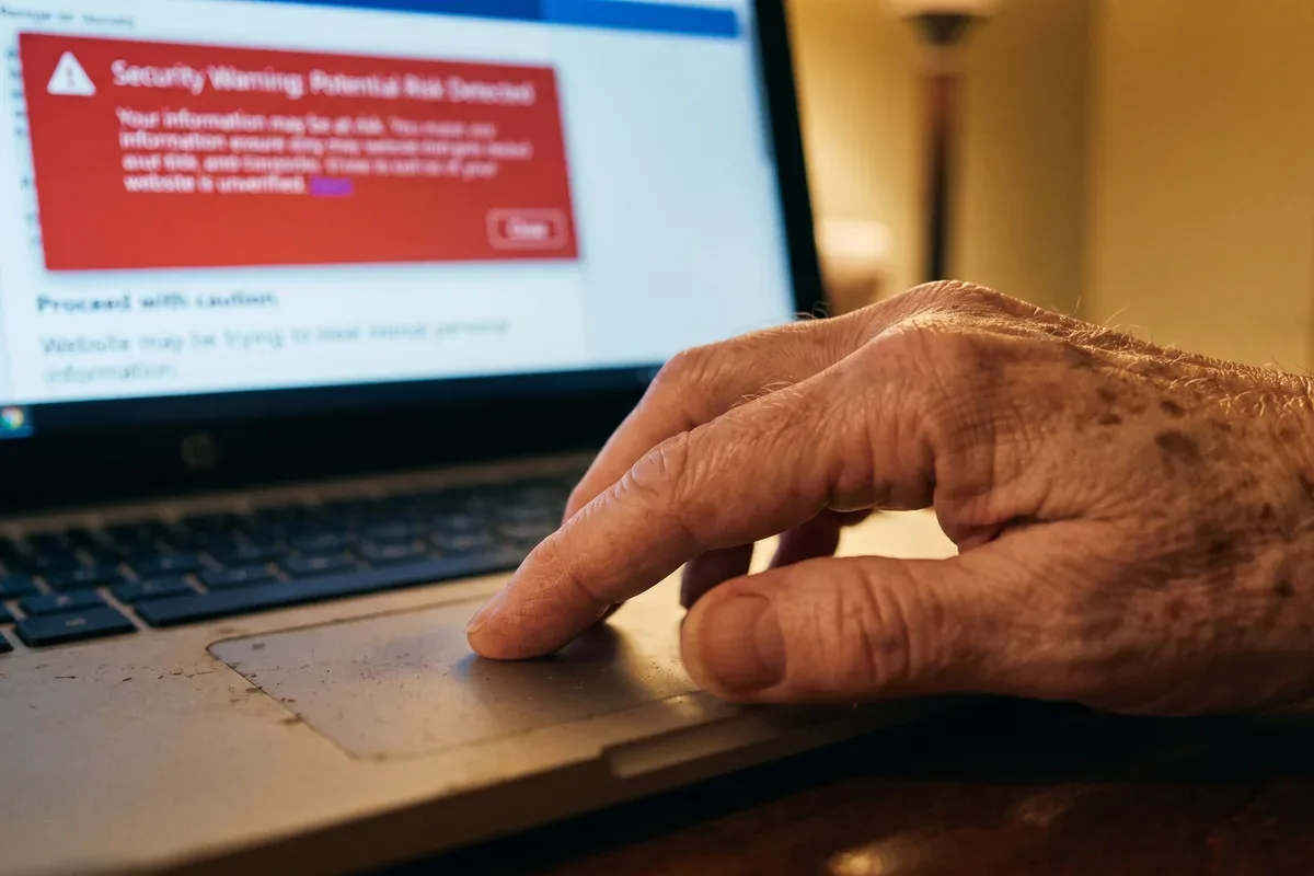 Hand closing a laptop browser window that shows a large warning pop-up