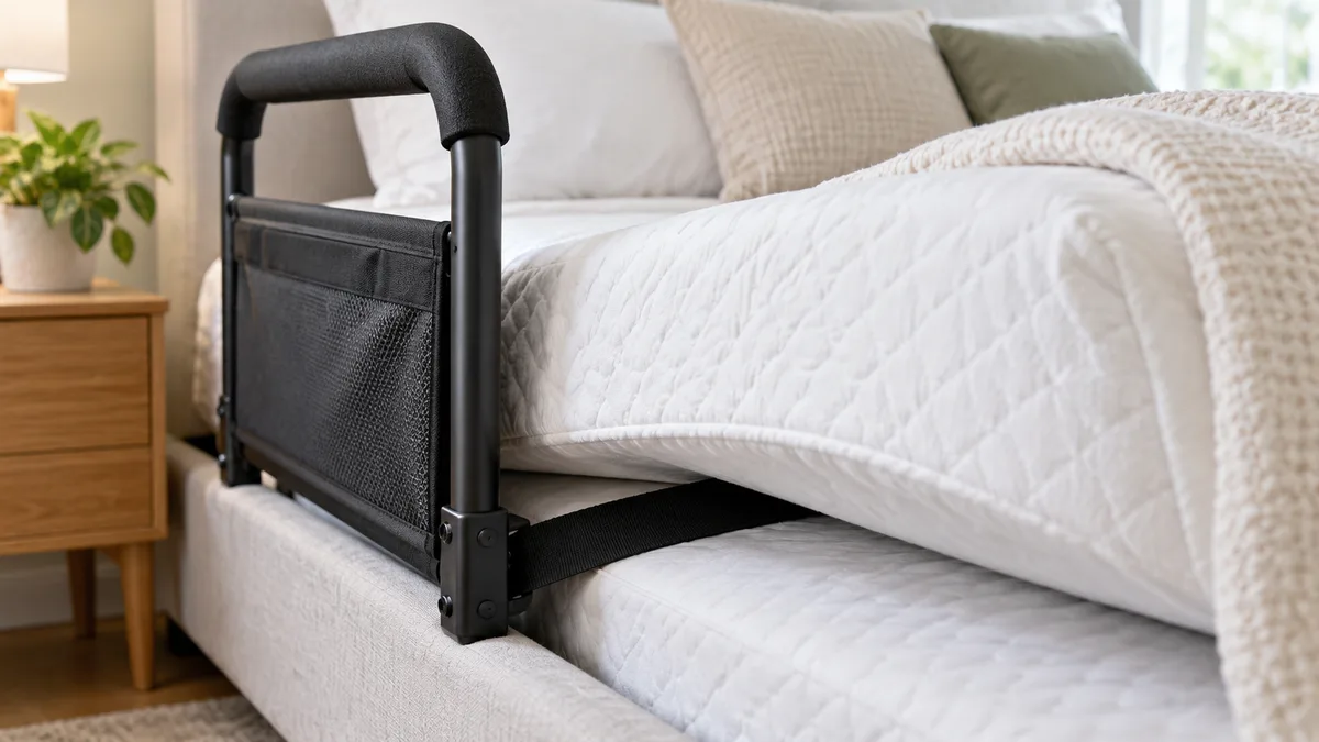 Close-up of a padded bed rail attached to the side of a mattress showing the strap and bracket underneath