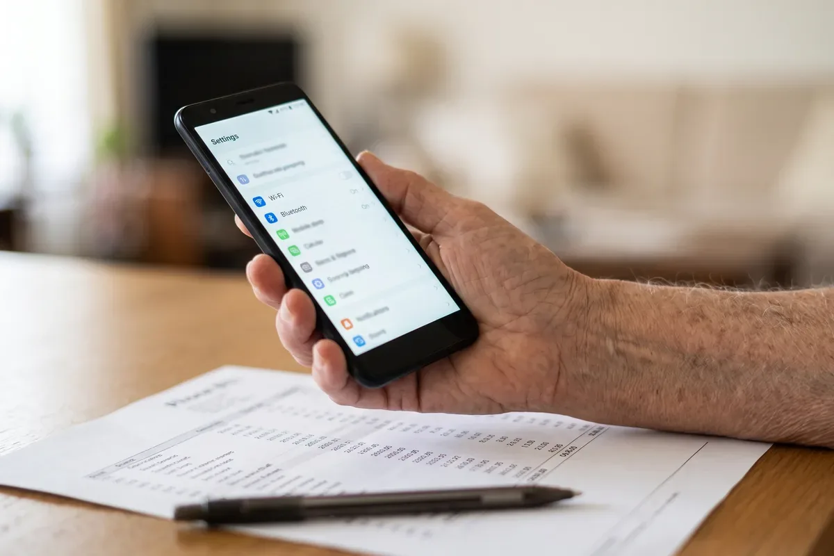 Hand holding a smartphone open to the data usage screen next to a paper bill