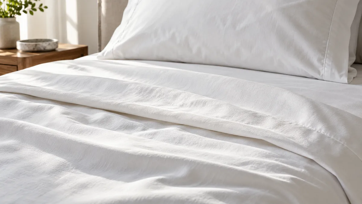 Close-up of the texture of crisp percale cotton sheets folded at the top of a bed