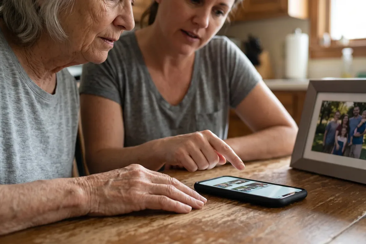Grandmother holding her phone next to a photo frame while her daughter shows her how to send a picture