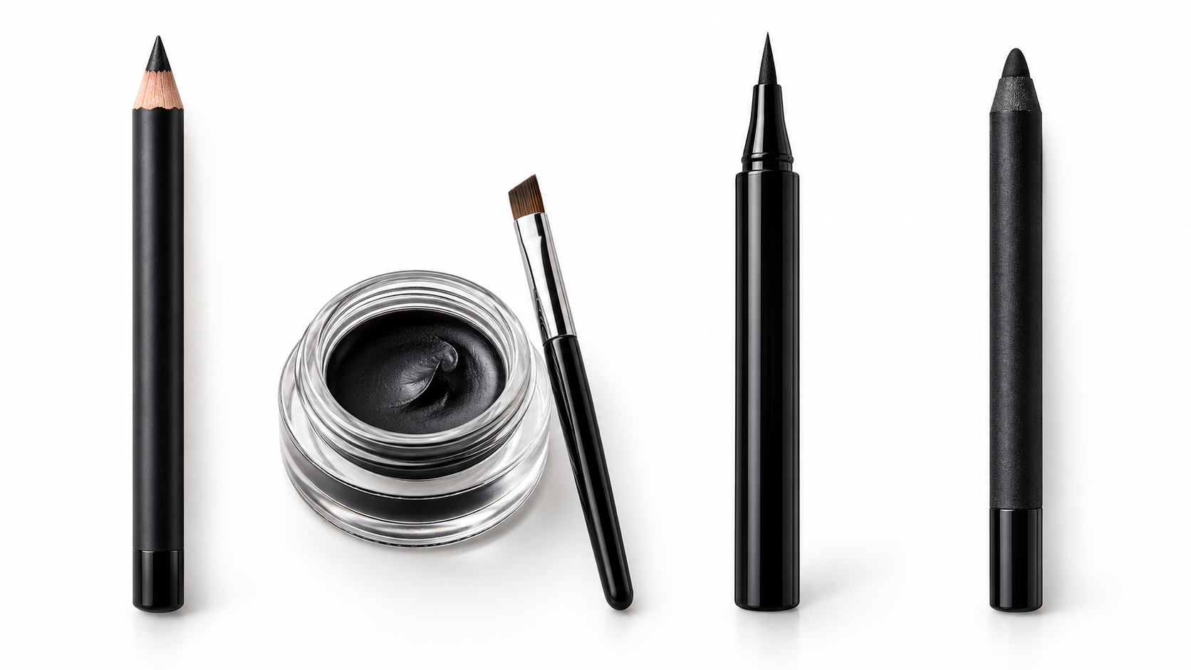 Four types of eyeliner products arranged on a white surface showing pencil, gel pot, felt-tip and kohl