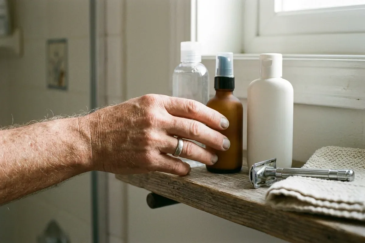 Three plain bottles lined up on a bathroom shelf next to a razor, in the order they are used
