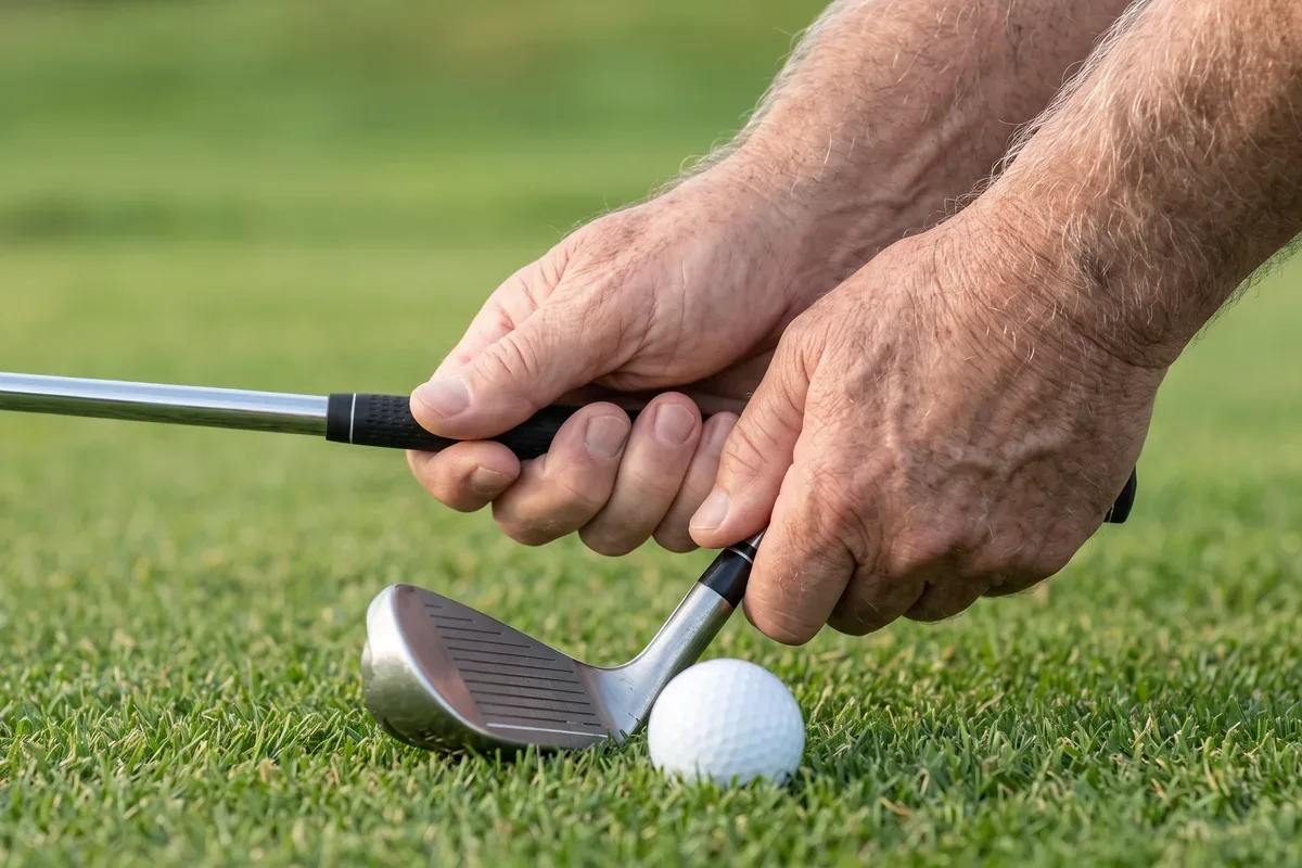 Close view of an older man's hands gripping a hybrid club at address on the fairway