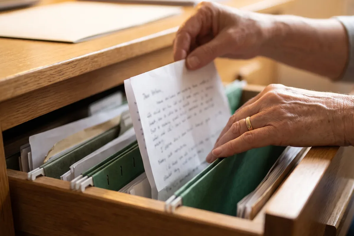 Hands placing a folded paper with account notes into a home file drawer