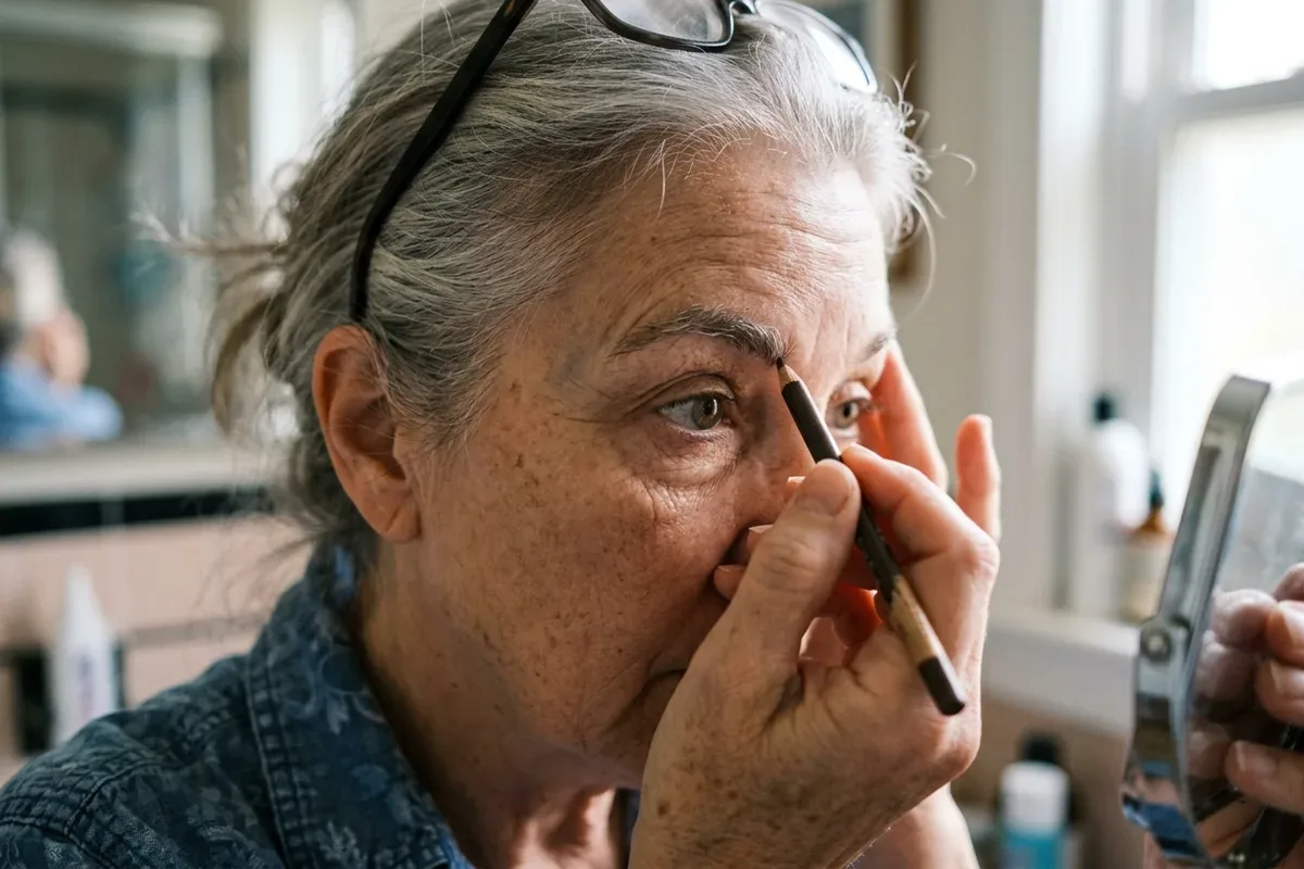Close-up of a woman filling in her eyebrows with short, light pencil strokes
