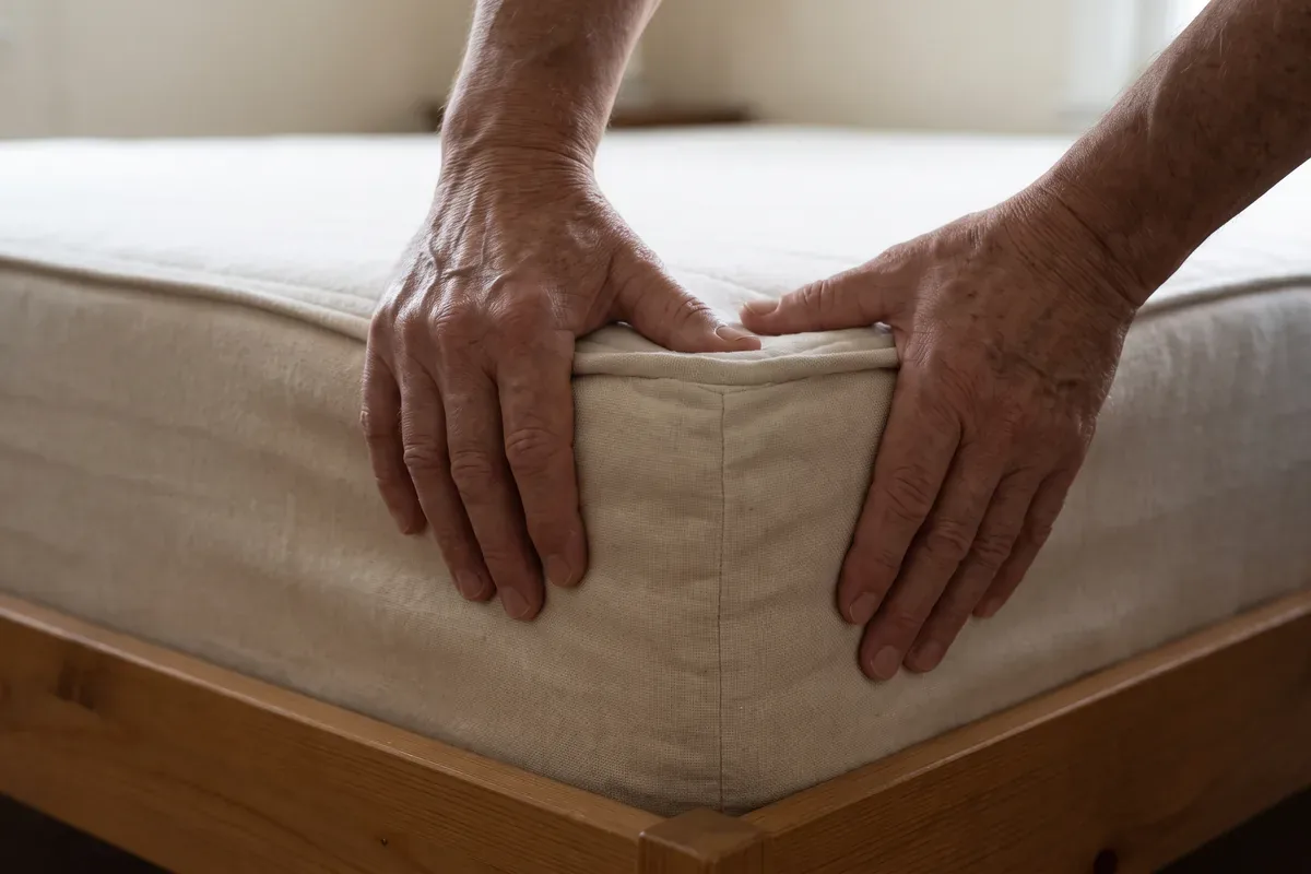 Close-up of two hands pressing into the corner of a mattress to feel how firm the edge is