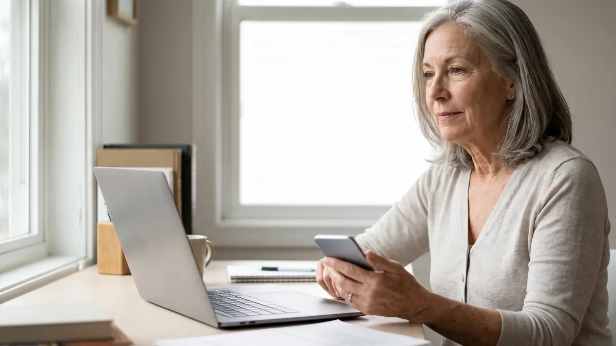Older woman at a desk signing in on a laptop with her phone beside her while comparing the best password manager for seniors