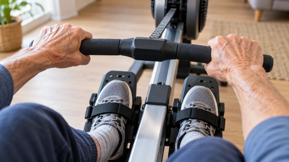 Close-up of hands gripping a rowing machine handle and feet secured in adjustable footrests