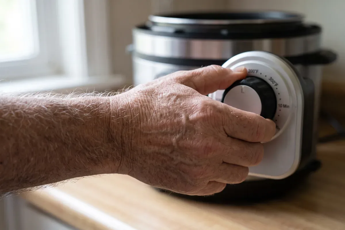Close-up of hands turning a large dial on a compact kitchen appliance
