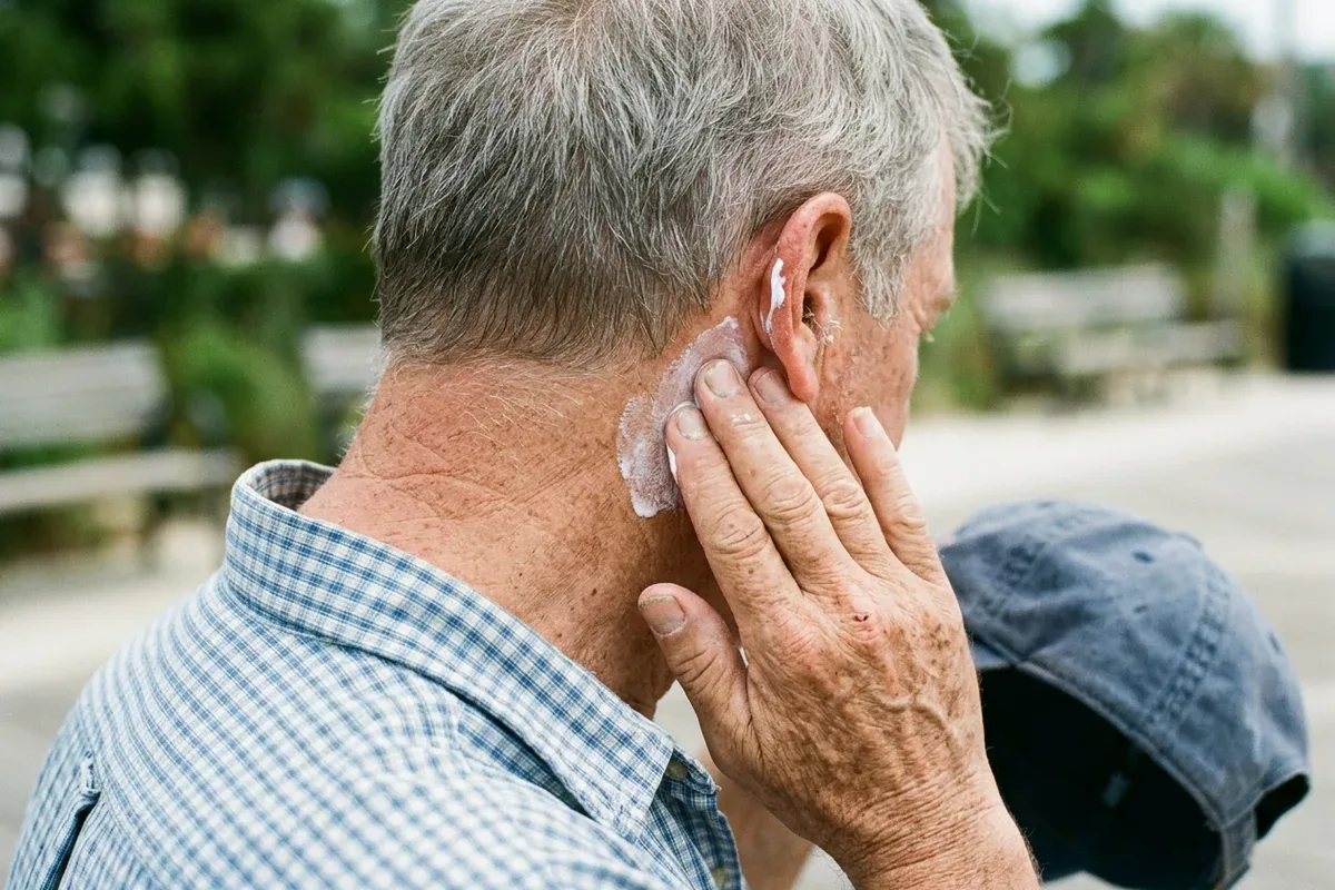 Close-up of an older man's hands rubbing lotion into the back of his neck, next to his ear