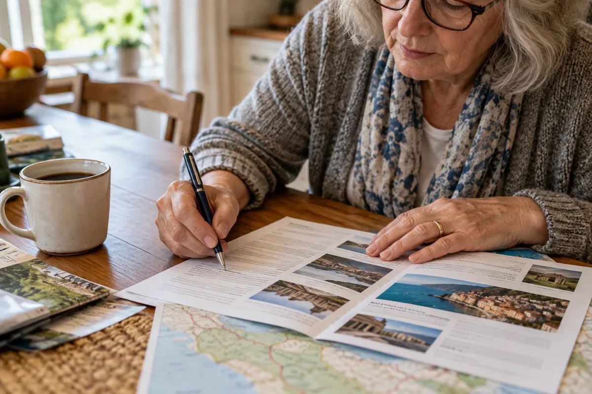 A woman underlining a line in a printed tour itinerary at a kitchen table, a cup of coffee beside the pages
