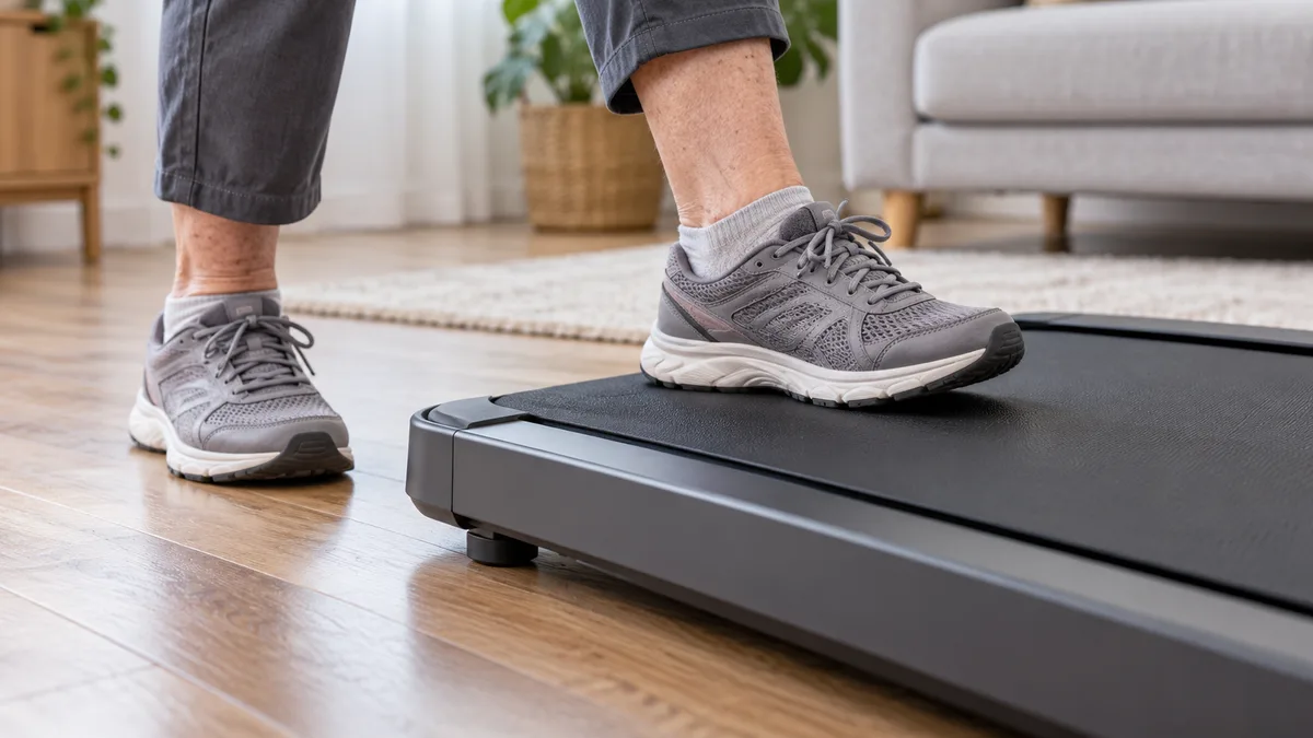 Close-up of a foot in a closed shoe stepping carefully onto the belt of a compact walking pad