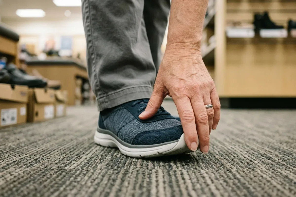 Hands pressing the toe of a sneaker to check for a thumb's width of room in front of the toes