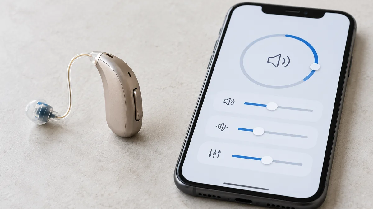 Close-up of a small hearing aid with a smartphone displaying a hearing aid control app beside it