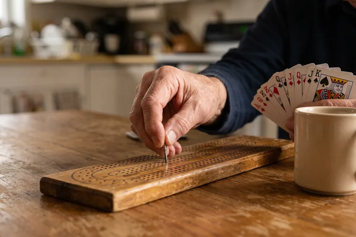 Close view of hands pegging a cribbage board next to a fanned hand of large-print playing cards