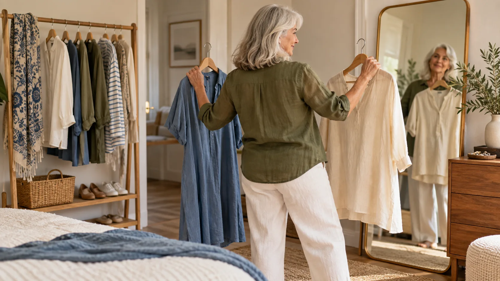 Older adult choosing comfortable clothes in front of a mirror