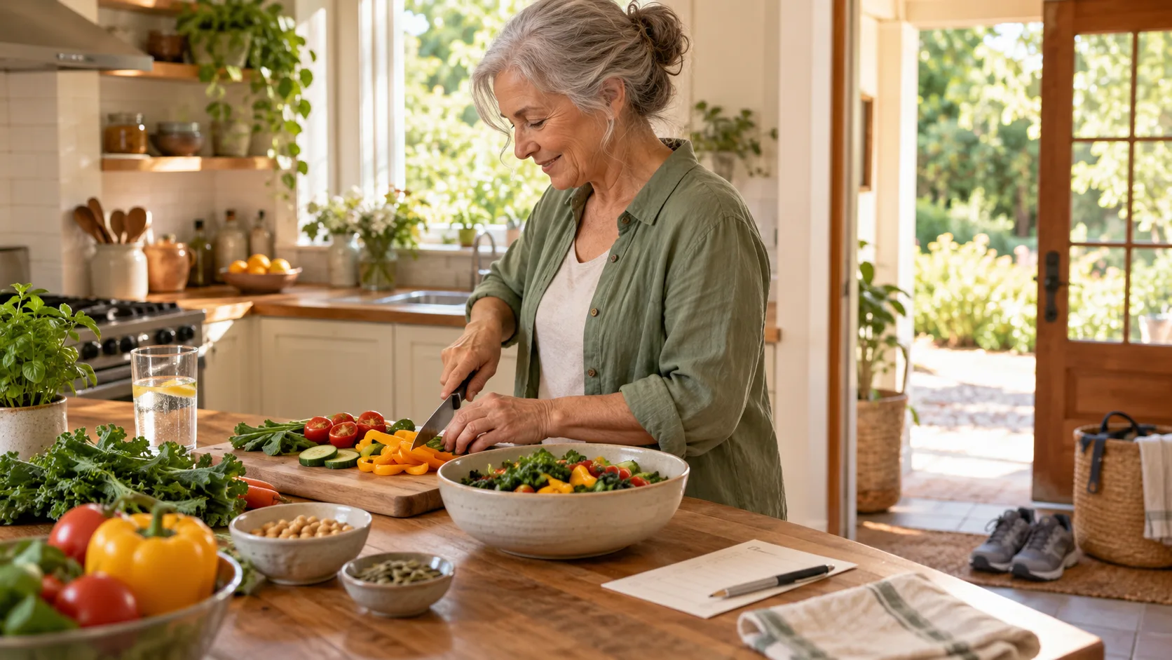 Older adult preparing a colorful everyday meal in a bright kitchen