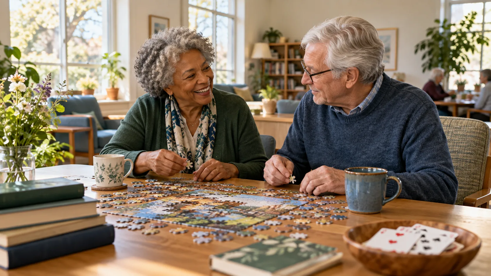Two older adults enjoying a puzzle together at a table