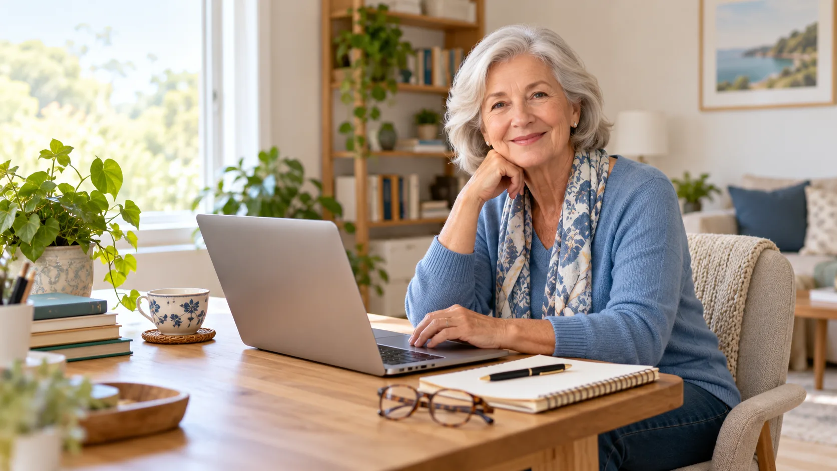 Older woman using a laptop at home with her full face and workspace visible