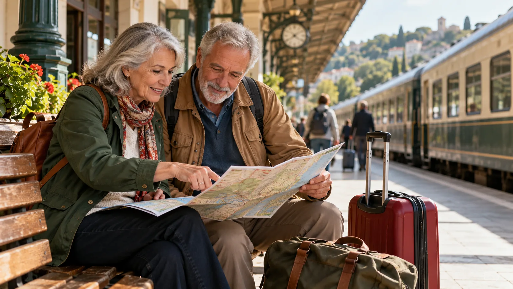 Older couple planning a journey together at a train station