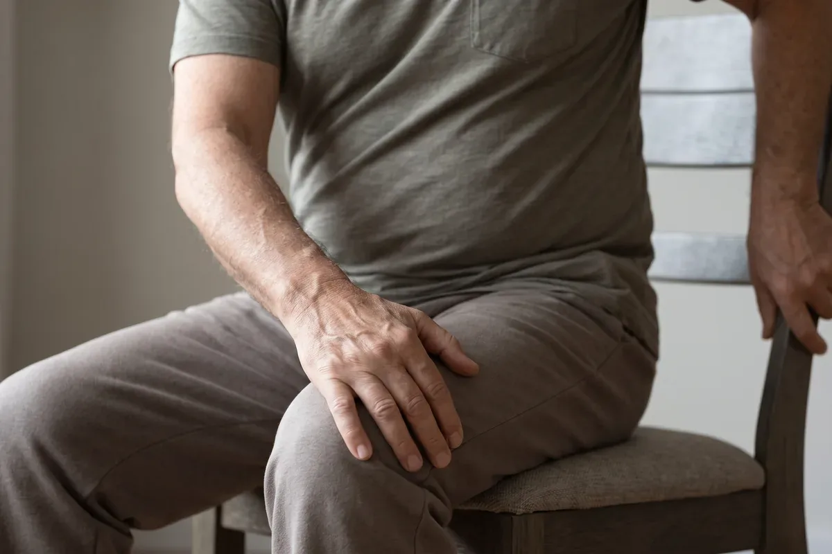 Close view of an older man sitting tall on a chair, one hand on the chair back, turning gently into a seated twist