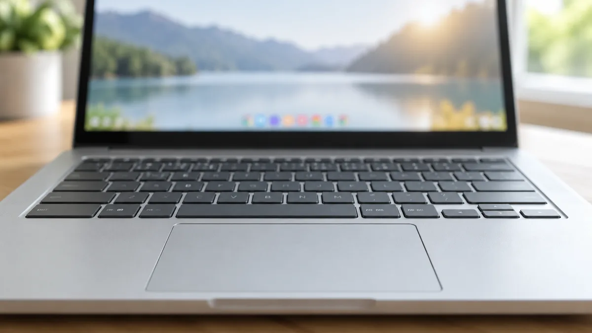 Close-up of a Chromebook trackpad and keyboard showing clean minimalist design