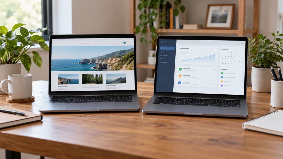Two laptops side by side on a desk, one showing a Chrome browser and one showing a Windows start screen