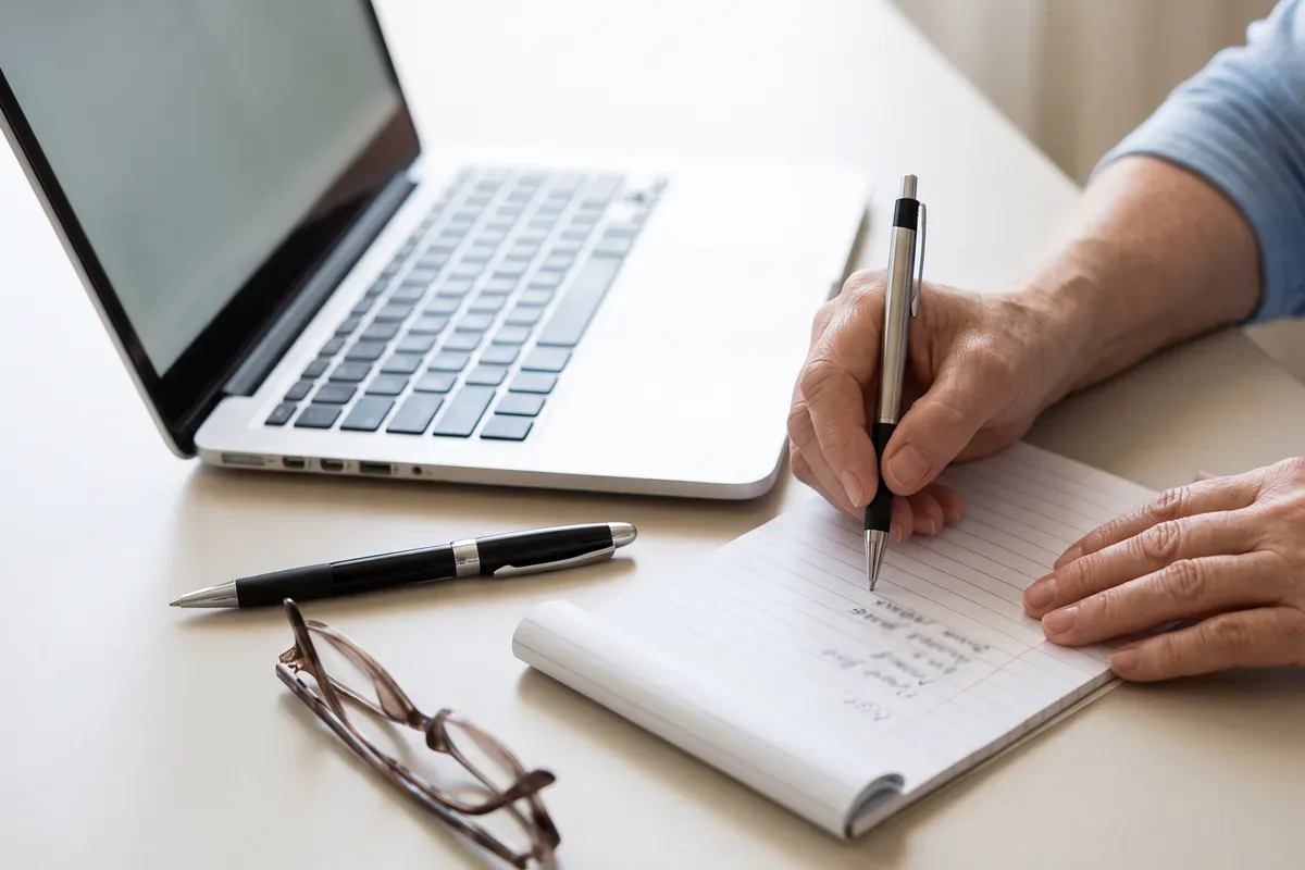 Hands writing a checklist of websites on a notepad next to a laptop
