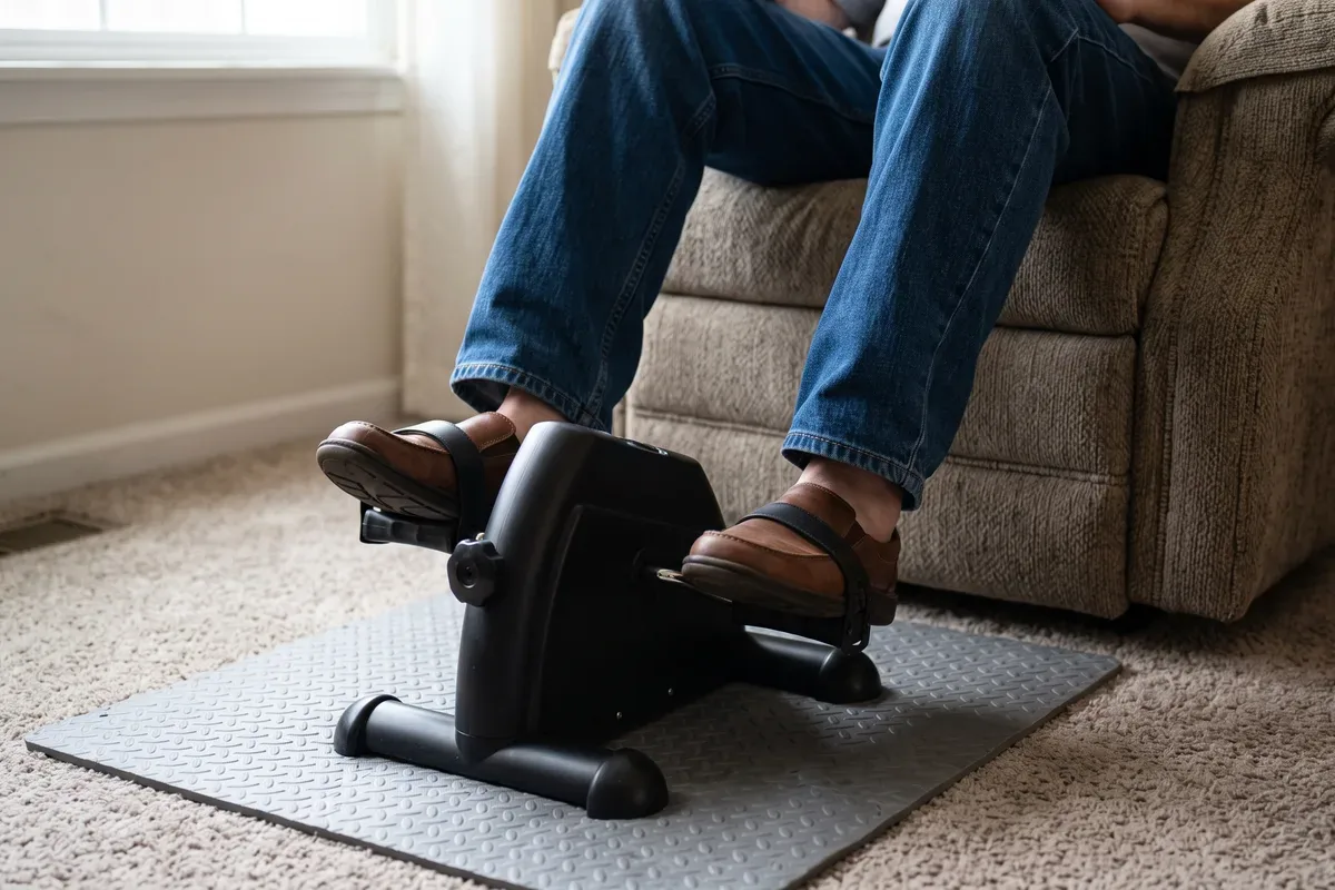 Close view of an older man's feet in closed shoes on a small pedal exerciser placed in front of an armchair