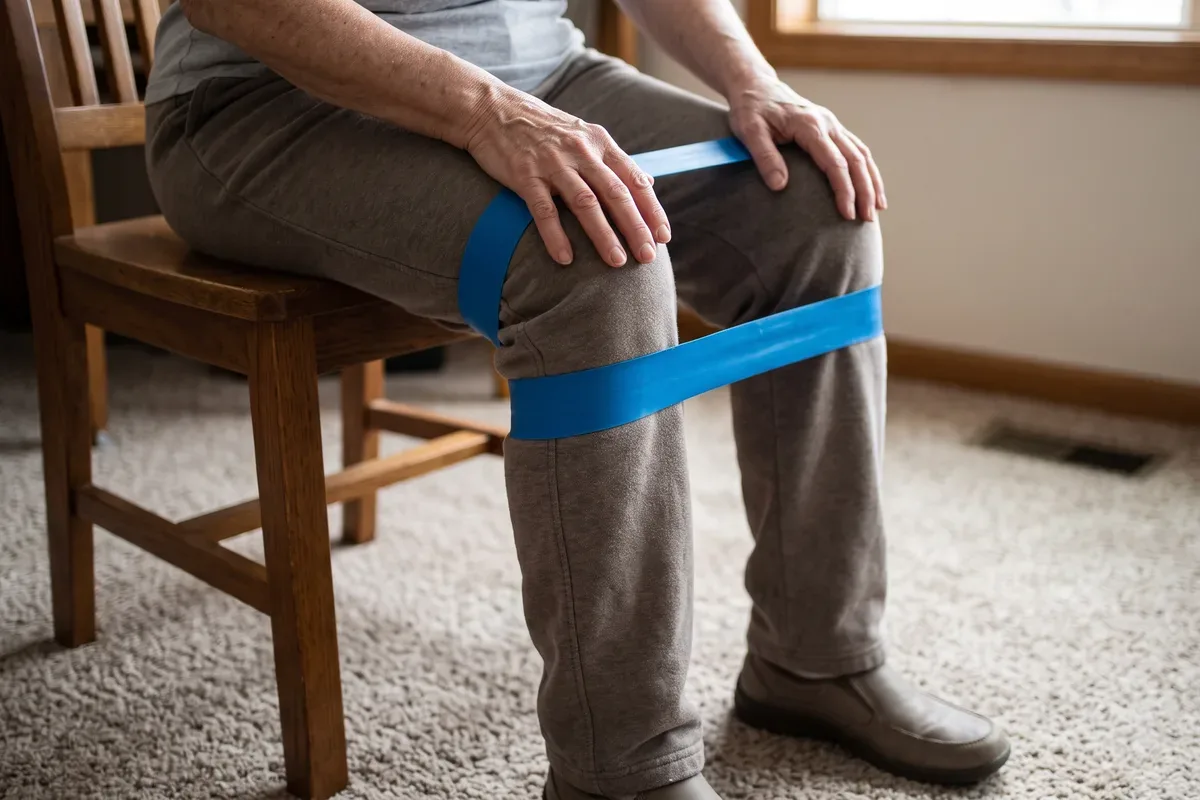 Close view of hands holding a looped resistance band over the knees of a person seated on a chair