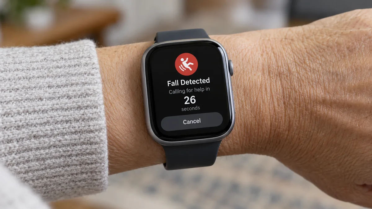 Close-up of a smartwatch screen showing an emergency alert message after fall detection