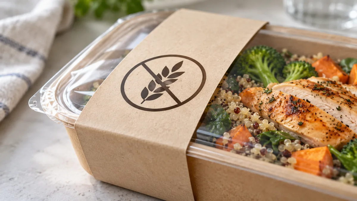 Close-up of a gluten free certification seal on a meal delivery package