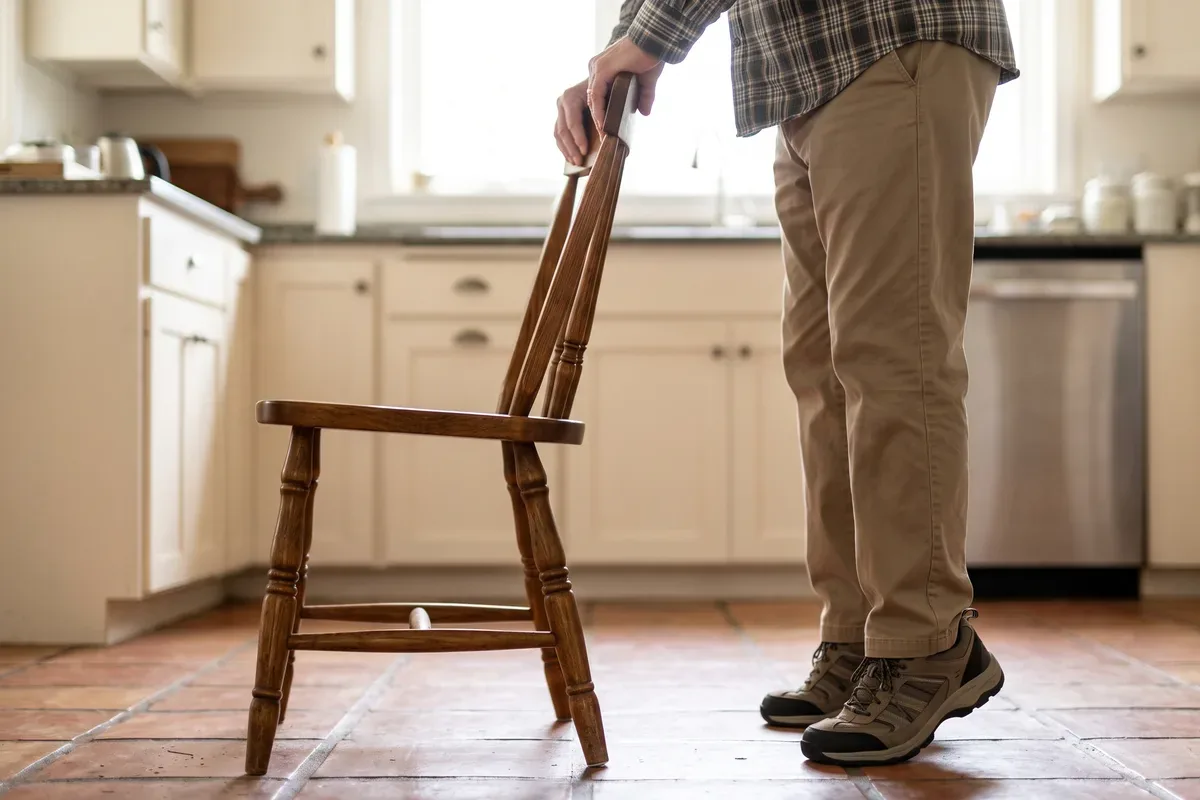 A man in his late sixties holding the back of a sturdy kitchen chair while he rises onto his toes