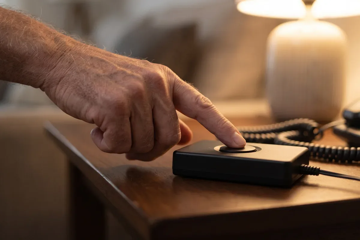 Close-up of a finger pressing a block button on a small device next to a home phone