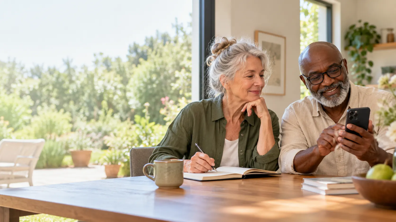 Two older adults using a phone and notebook together at home