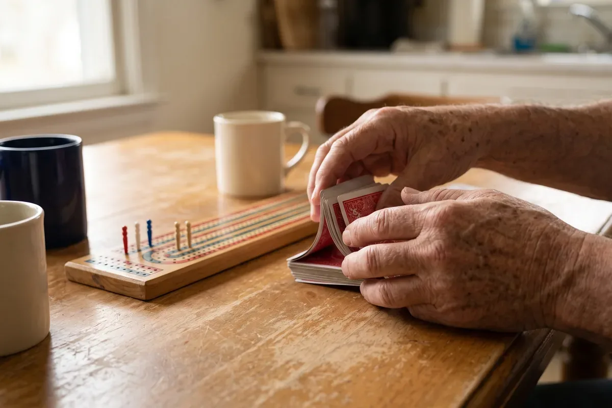 Hands of an older man shuffling a deck of cards at a kitchen table set for a weekly card game
