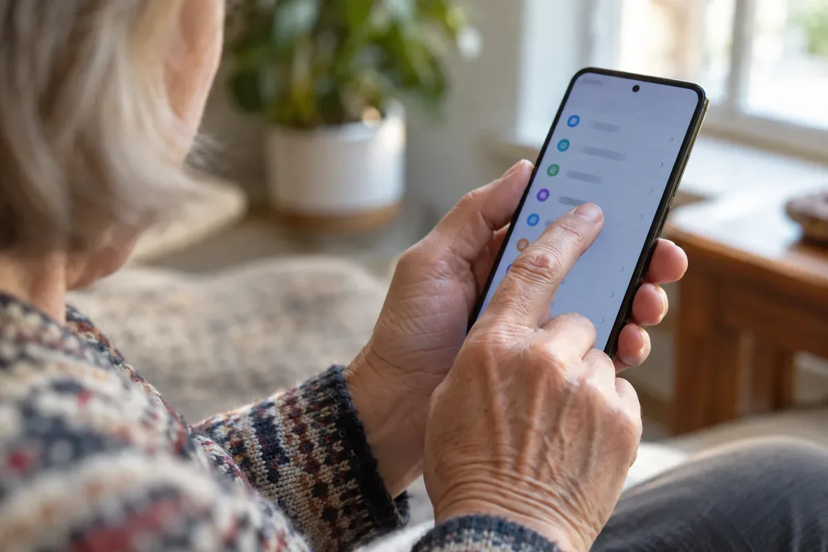 Close-up of a woman's hands holding an Android phone open to the Font size setting