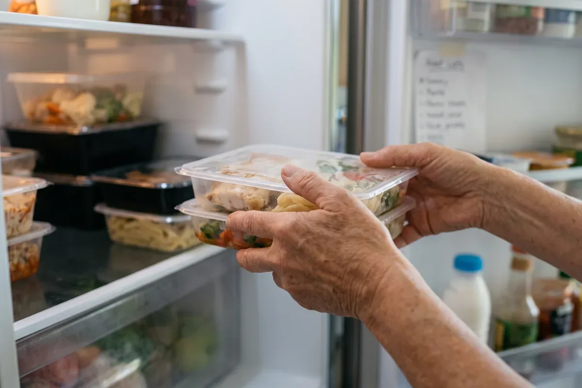 Close-up of hands placing single-portion meal containers on a refrigerator shelf