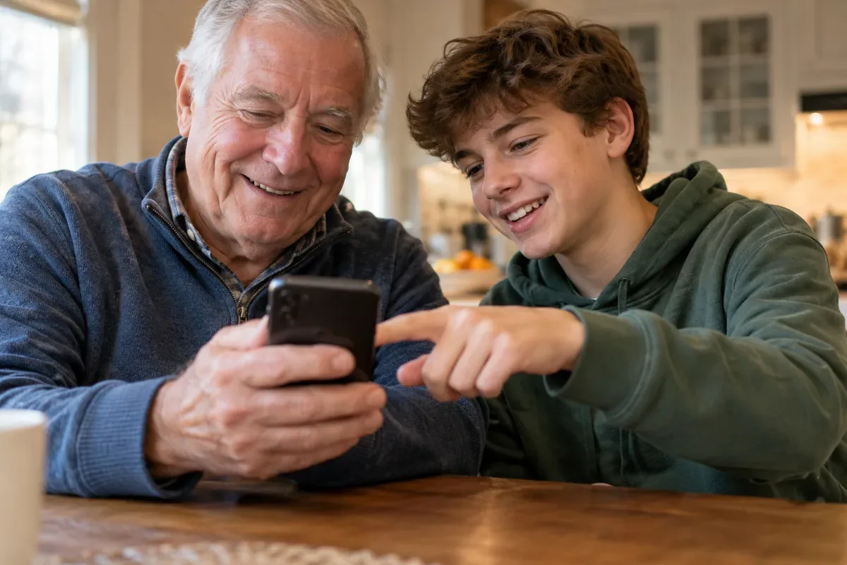 Grandfather and grandson at a kitchen table setting up a new smartphone together