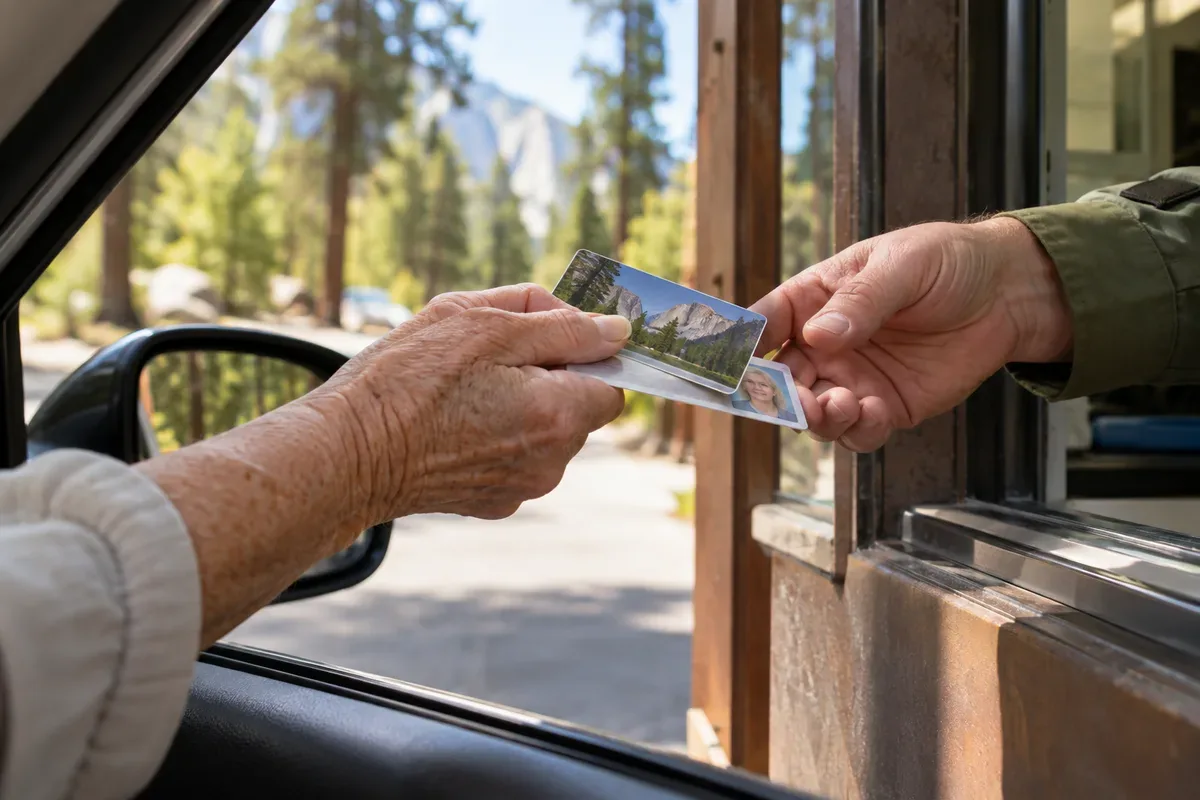 Close-up of hands holding a national park pass card at a park entrance booth
