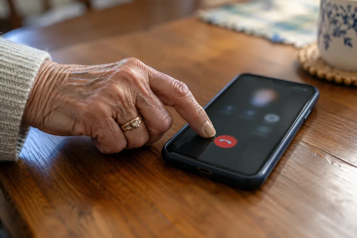 Close-up of a hand pressing the red button to end a phone call
