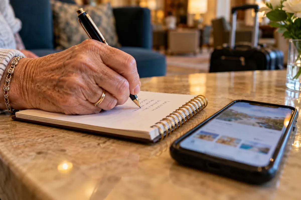 Close-up of a hand writing quoted hotel rates in a small notebook next to a phone