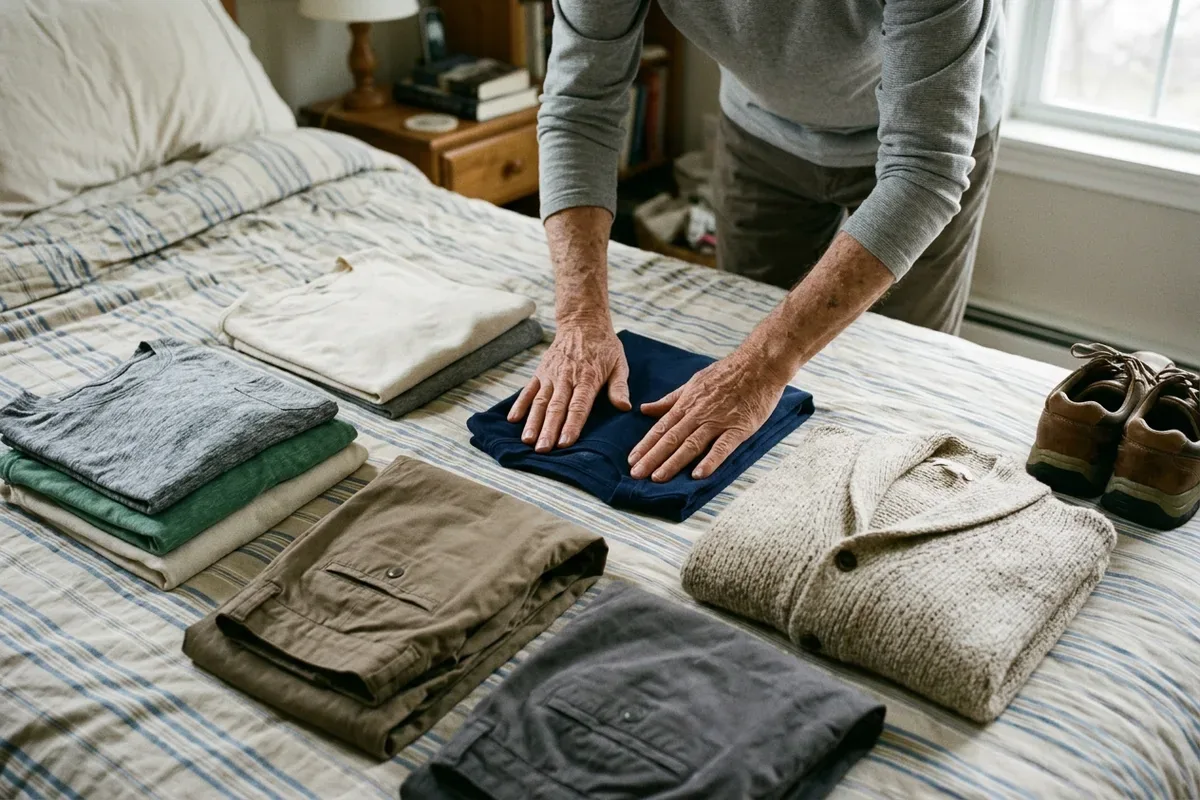 Close-up of hands folding a few soft knit tops and a pair of trousers into a small, tidy stack on a bed next to a pair of walking shoes