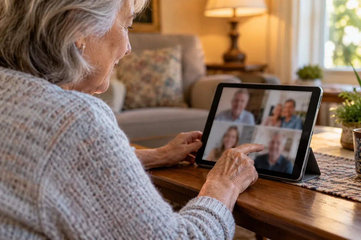 Close-up of a woman's hands tapping the screen of a tablet resting on a stand during a video call
