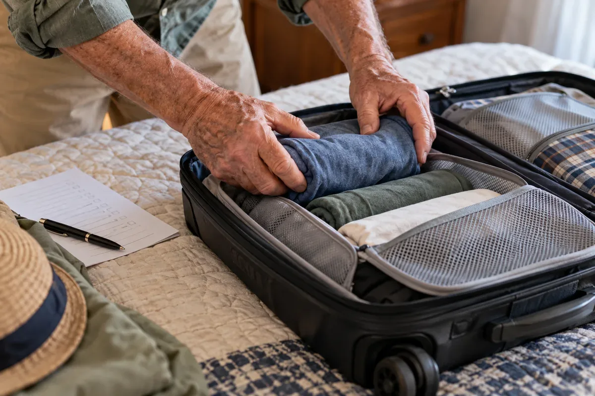 Hands packing folded clothes into packing cubes inside a small open suitcase on a bed