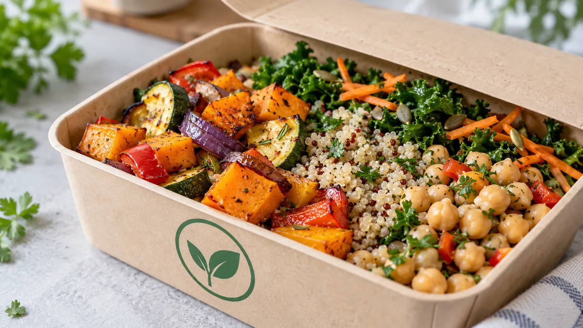 Close-up of a vegetarian prepared meal container with a vegetarian label and colorful ingredients visible