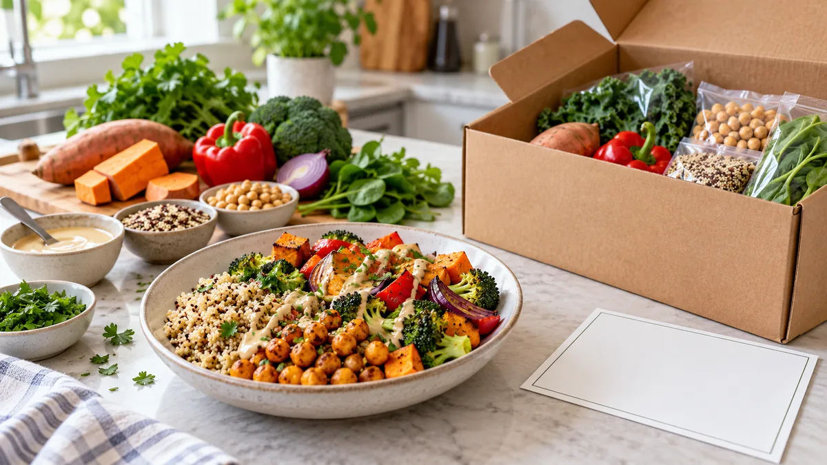 A colorful vegetarian meal with grains, roasted vegetables and legumes plated on a kitchen counter next to a delivery box